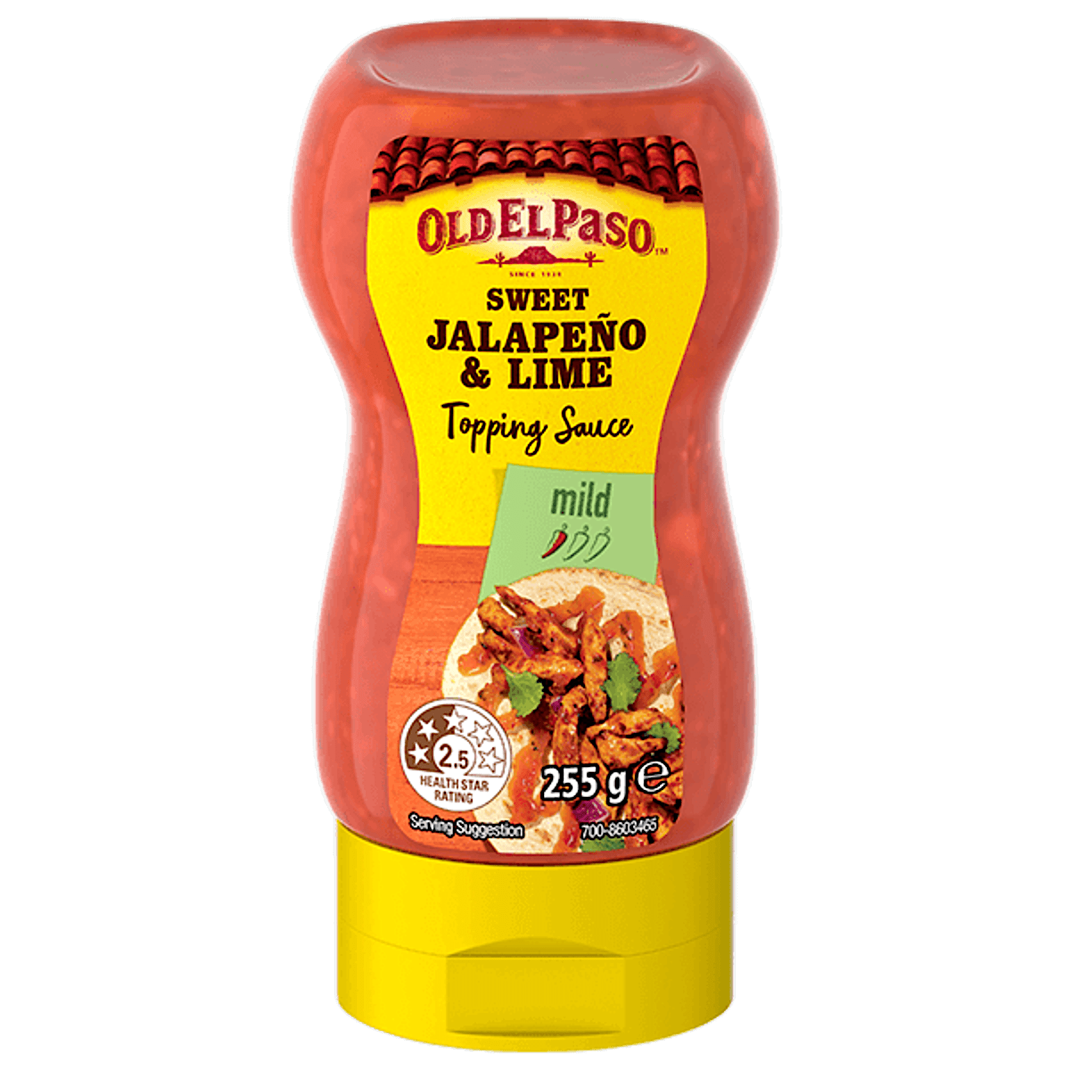 a squeezy bottle of Old El Paso sweet jalapeno & lime mild topping sauce, 255g